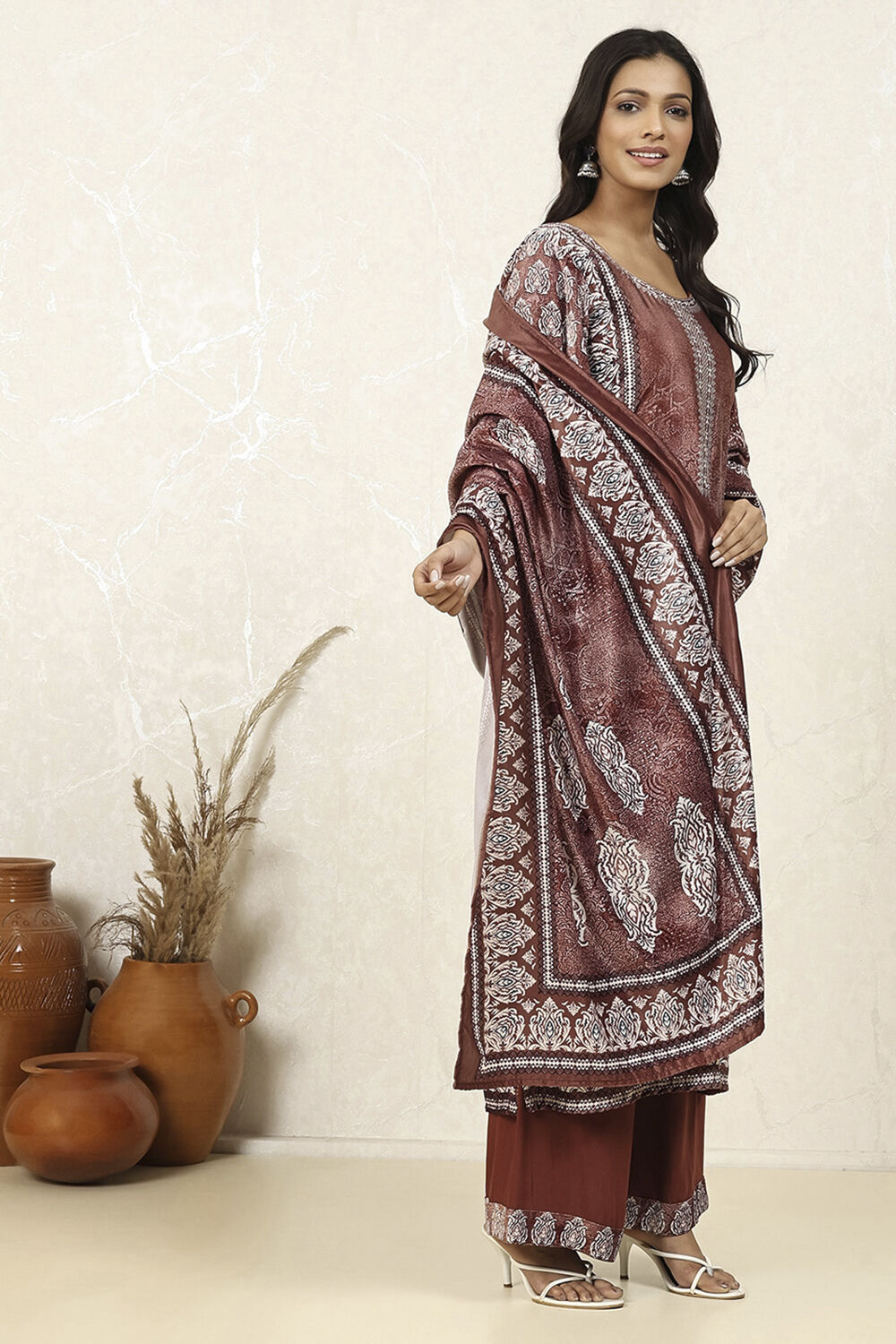 Rust Velvet Digital Print Unstitched Suit Set image number 6