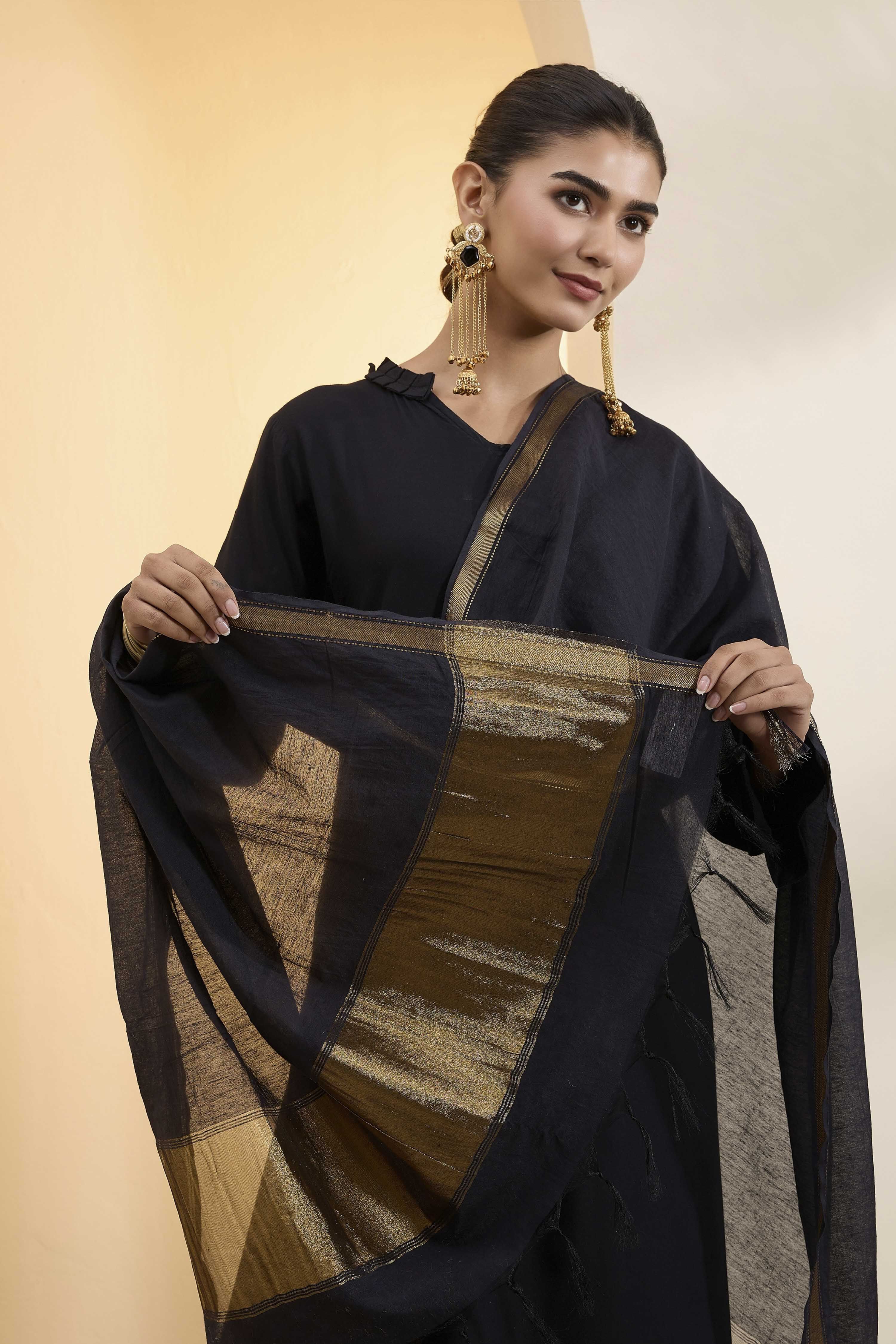 Black Cotton Zari Dupatta image number 1