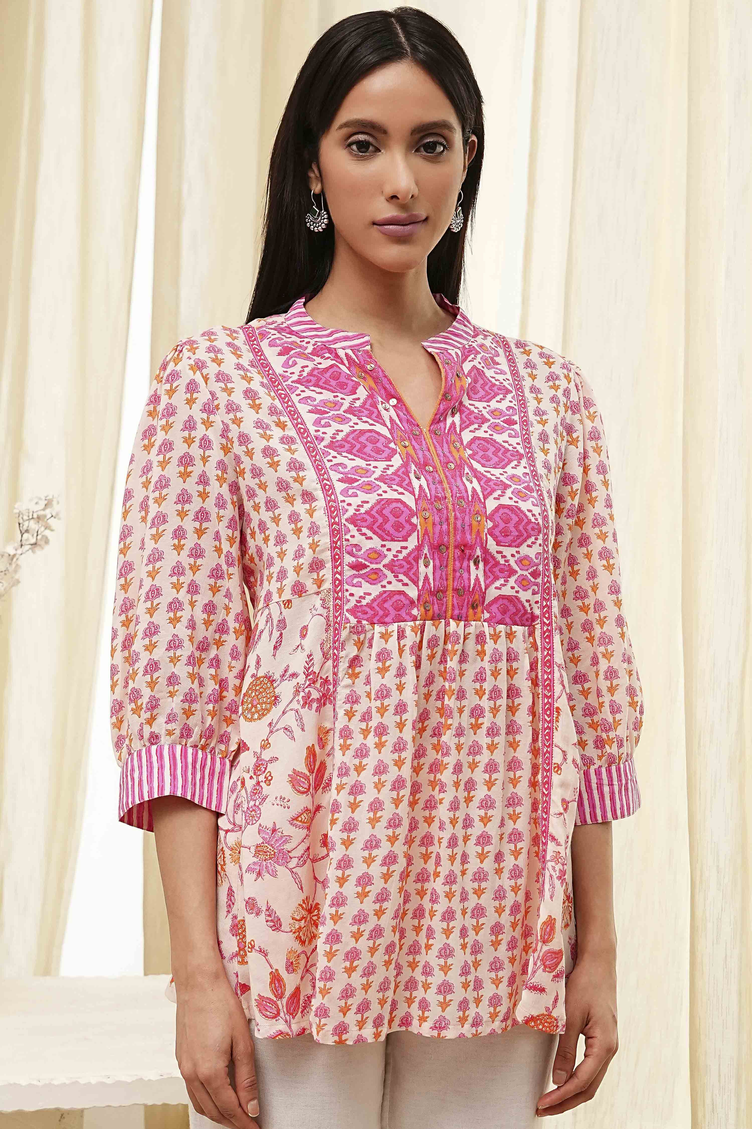Pink Cotton Printed A-line Short Kurta image number 1