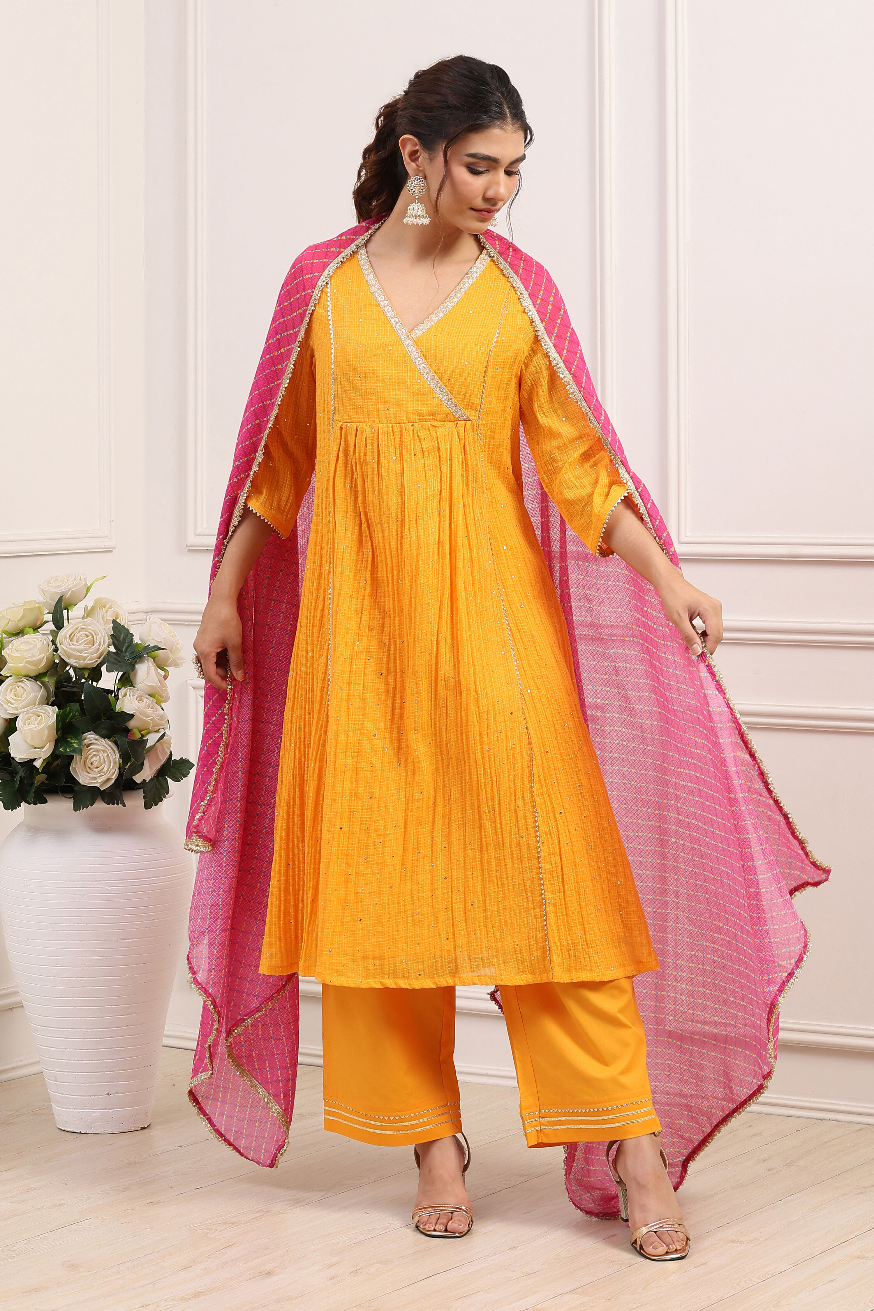 Yellow Cotton Anarkali Suit Set image number 6
