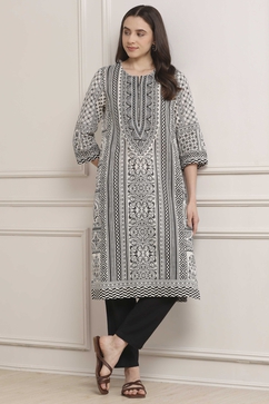 White Cotton Printed Straight Kurta