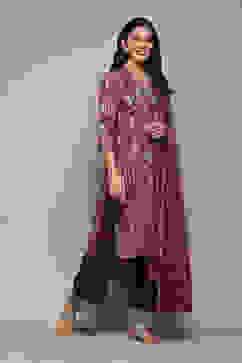 Beige Poly Chanderi Kalidar Printed Kurta Palazzo Suit Set image number 1