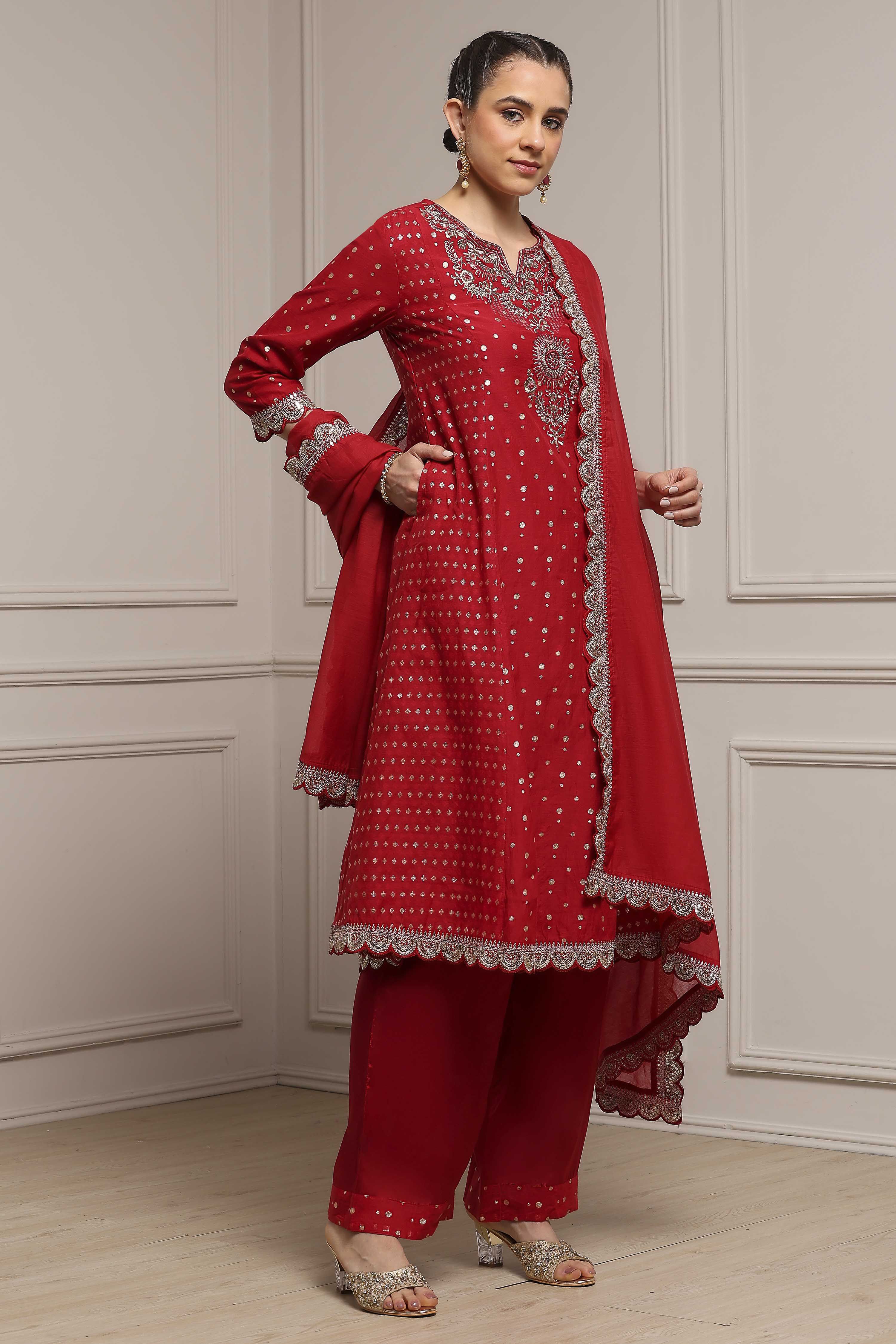 Red Cotton A-Line Yarndyed Suit Set image number 5