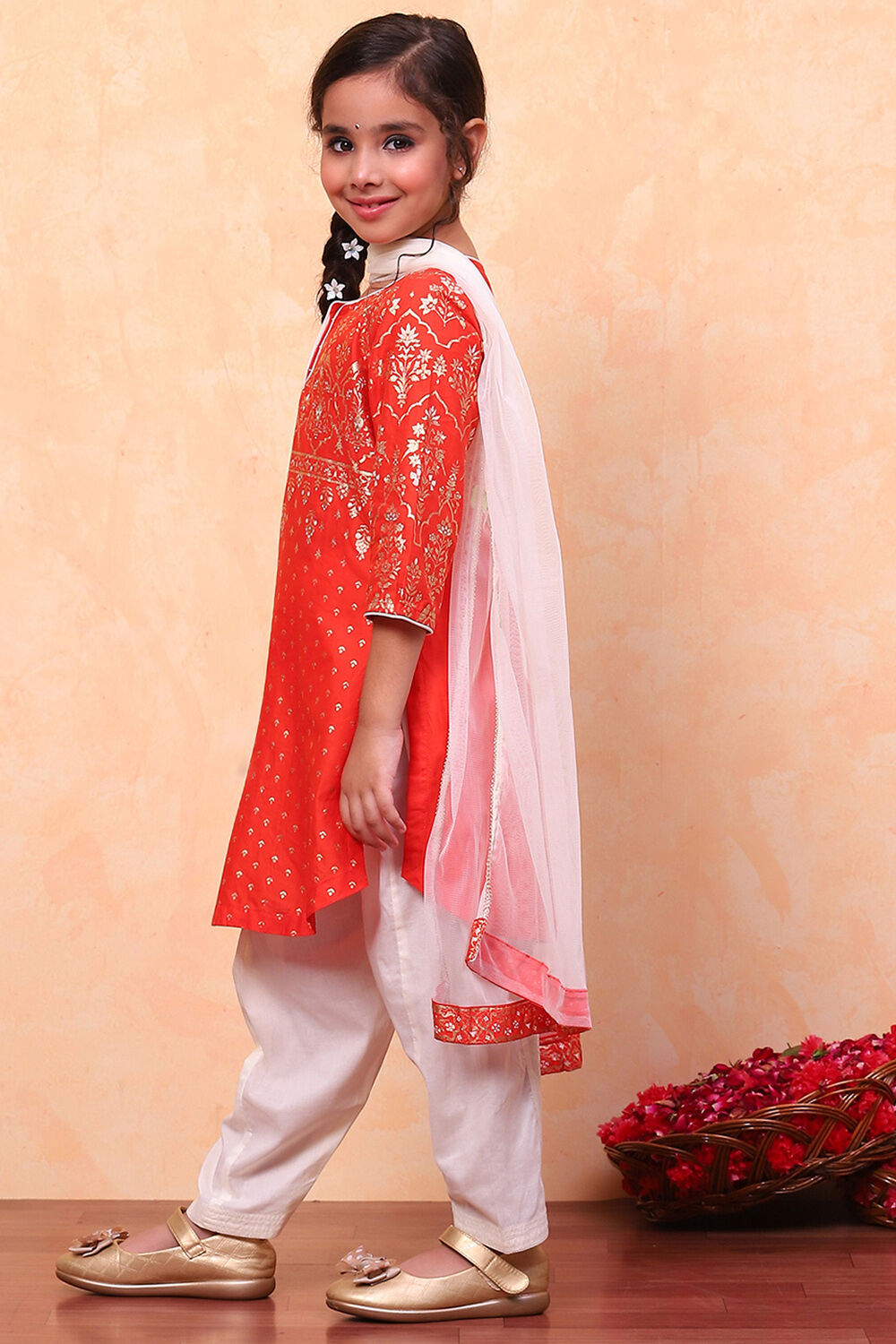 Orange and White Cotton Printed Straight Suit Set image number 5