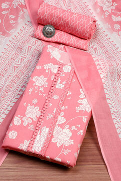 Pink Cotton Screen Print Unstitched Suit Set image number 0