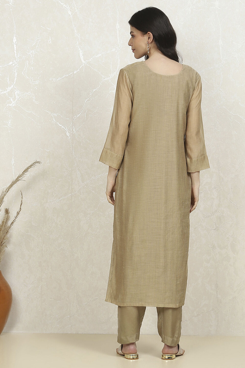 Beige Cotton Hand Embroidered Unstitched Suit Set image number 5
