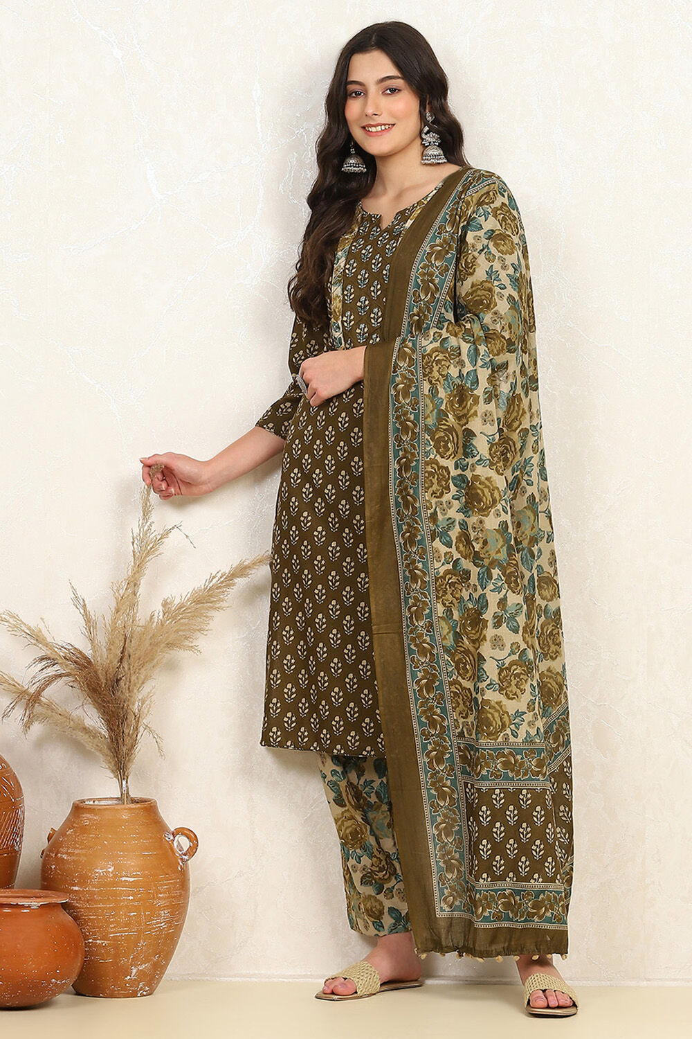 Green Cotton Printed Unstitched Suit Set image number 1