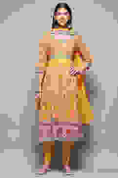 Yellow Rayon Anarkali Kurta Churidar Suit Set image number 7