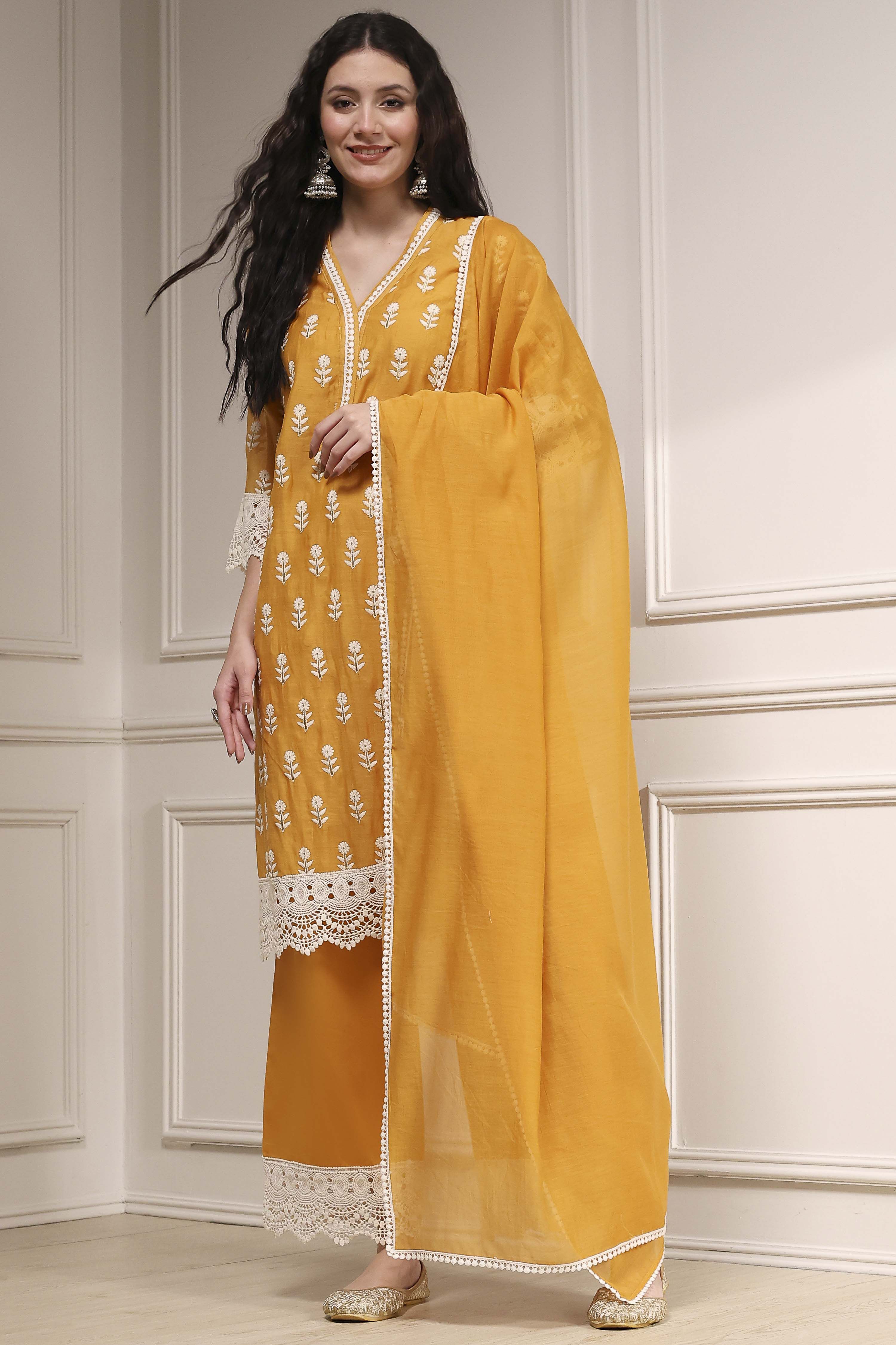 Ochre Yellow Chanderi Straight Suit Set image number 6