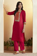 Red Cotton Yoke Printed Straight Kurta