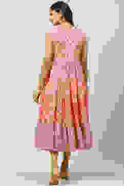 Pink Cotton Flared Fusion Printed Dress image number 4