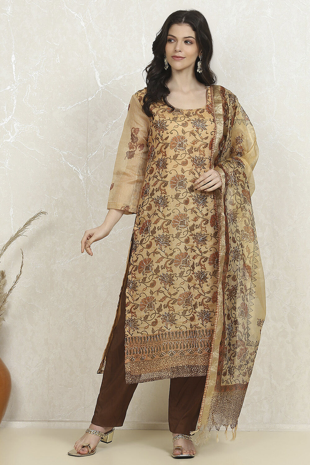 Rust Tissue Machine Embroidered Unstitched Suit Set image number 7