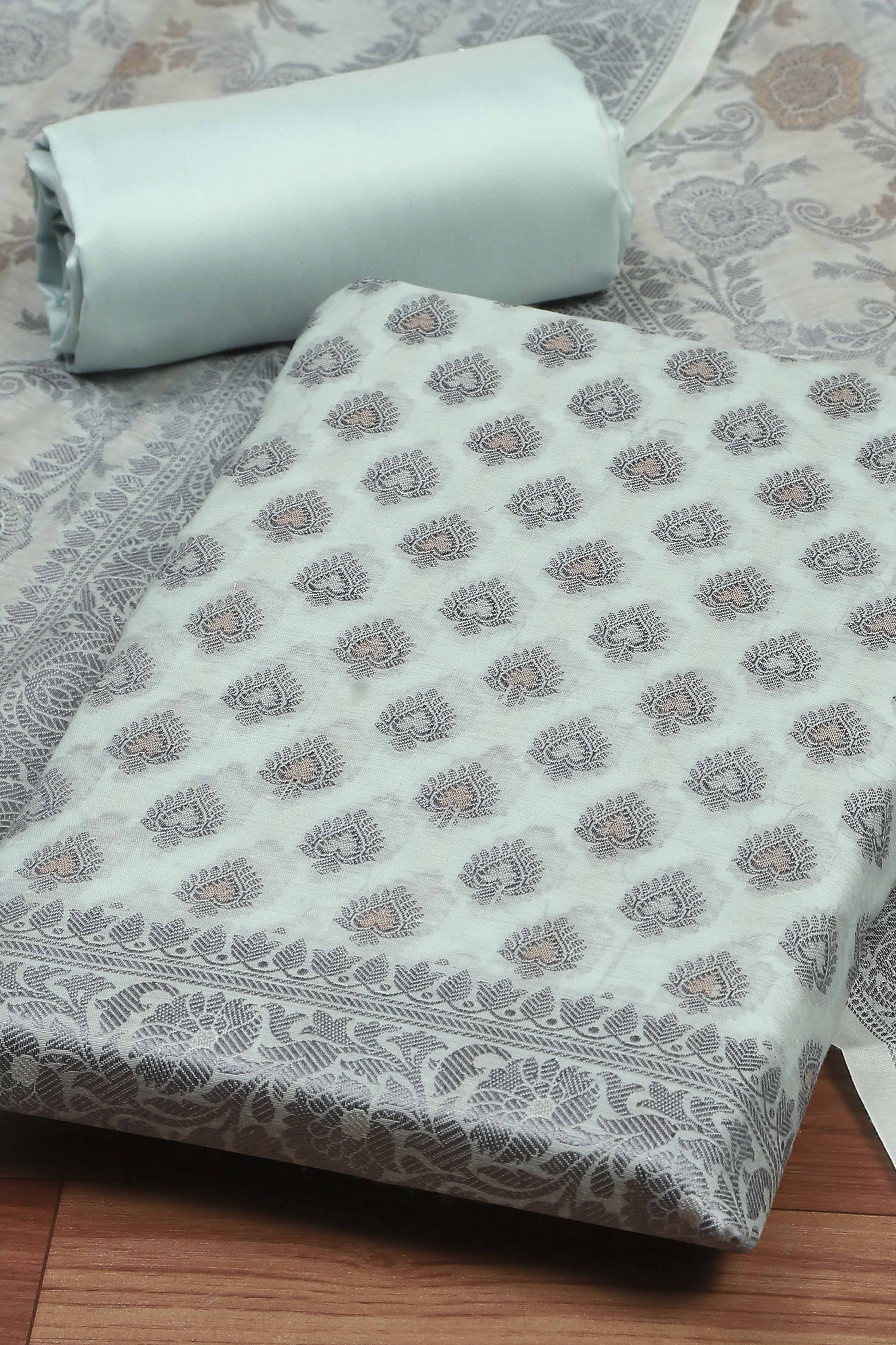 Beige Cotton Printed Embroidered Unstitched Suit Set image number 1