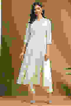 Off-White Cotton Printed Festive A-Line Suit Set image number 6