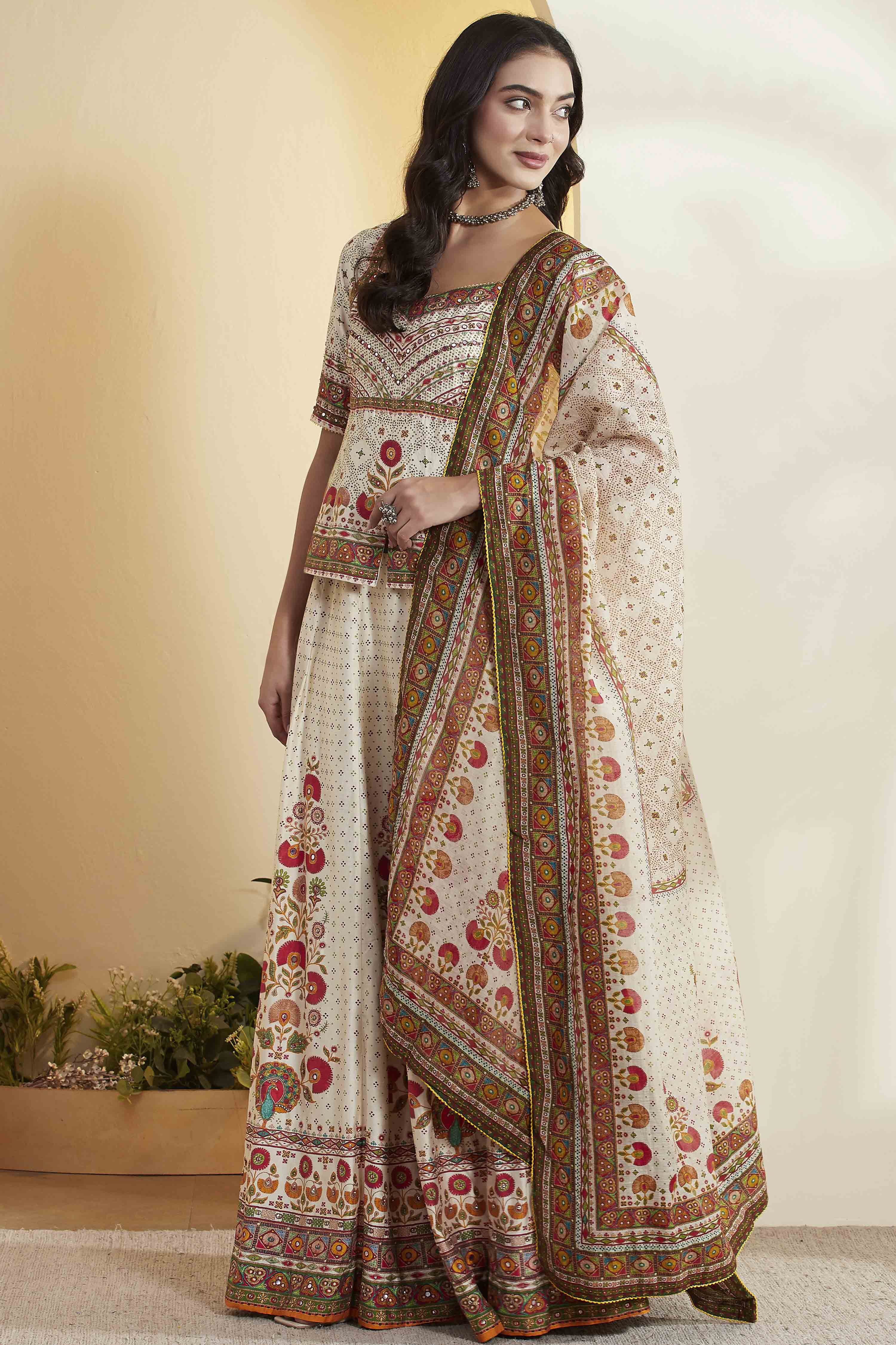 Off-White Cotton Silk Printed Straight Lehenga Set image number 4