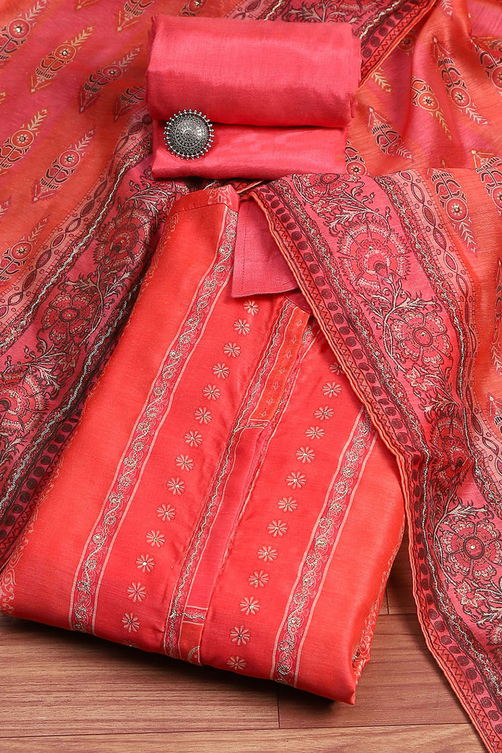 Mustard Yellow Chanderi Printed Unstitched Suit Set image number 0