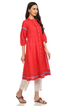 Red A-Line Cotton Solid Kurta image number 2