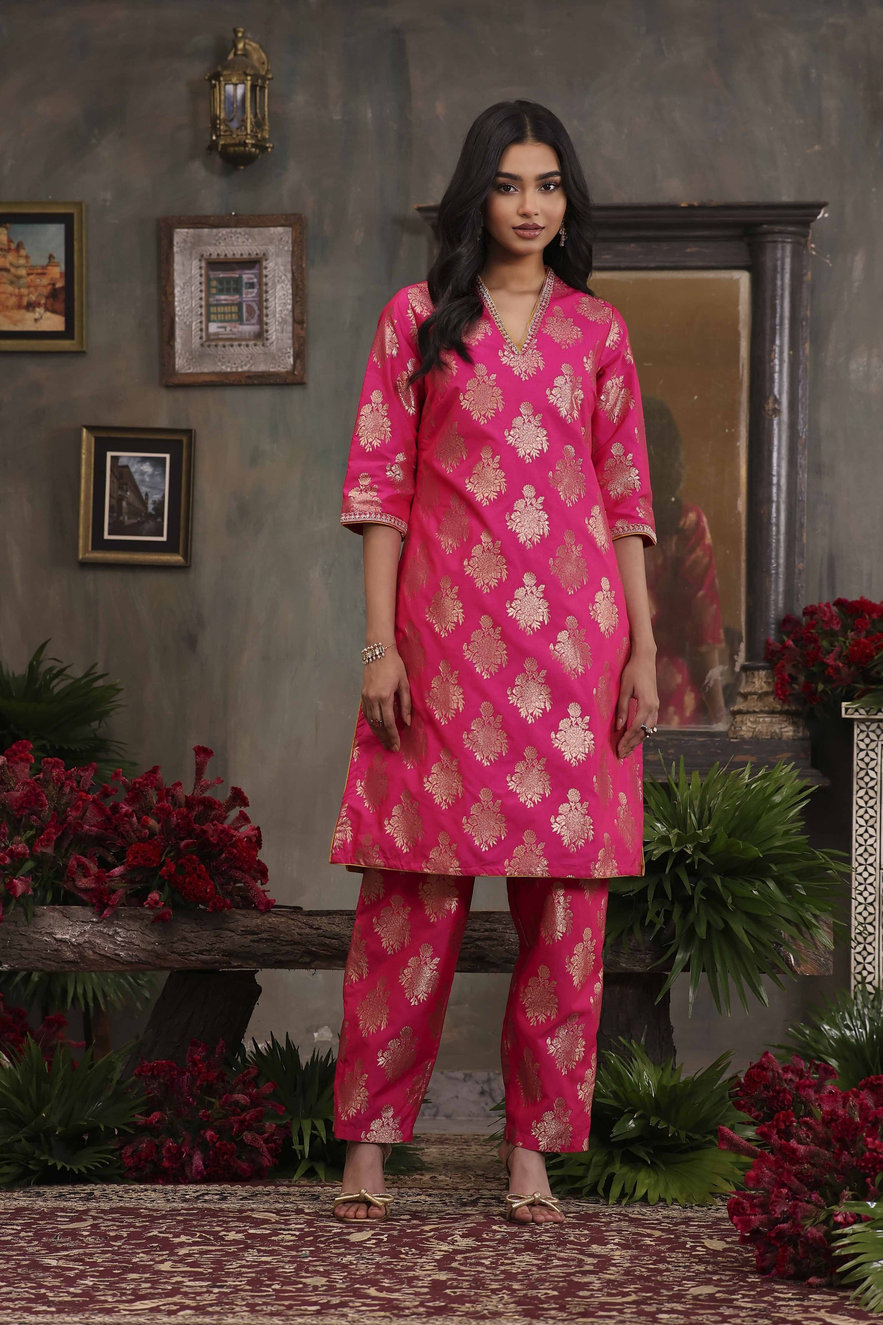 Fuchsia Pink Art Silk Printed Straight Co-ord Set image number 6