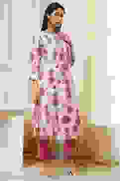 Ecru and Pink Printed Straight Kurta image number 4