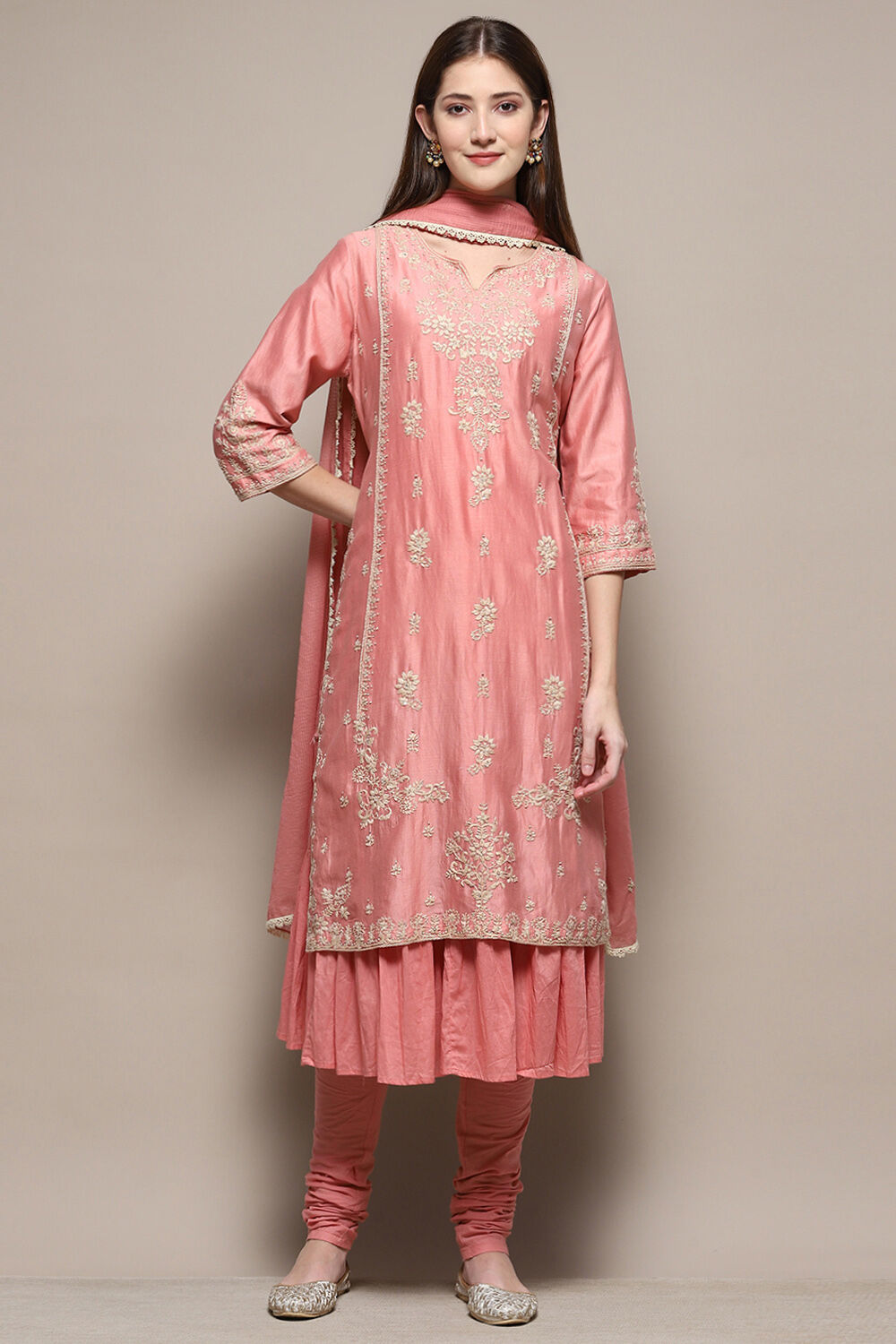 Peach Cotton Blend Layered Kurta Churidar Suit Set image number 7