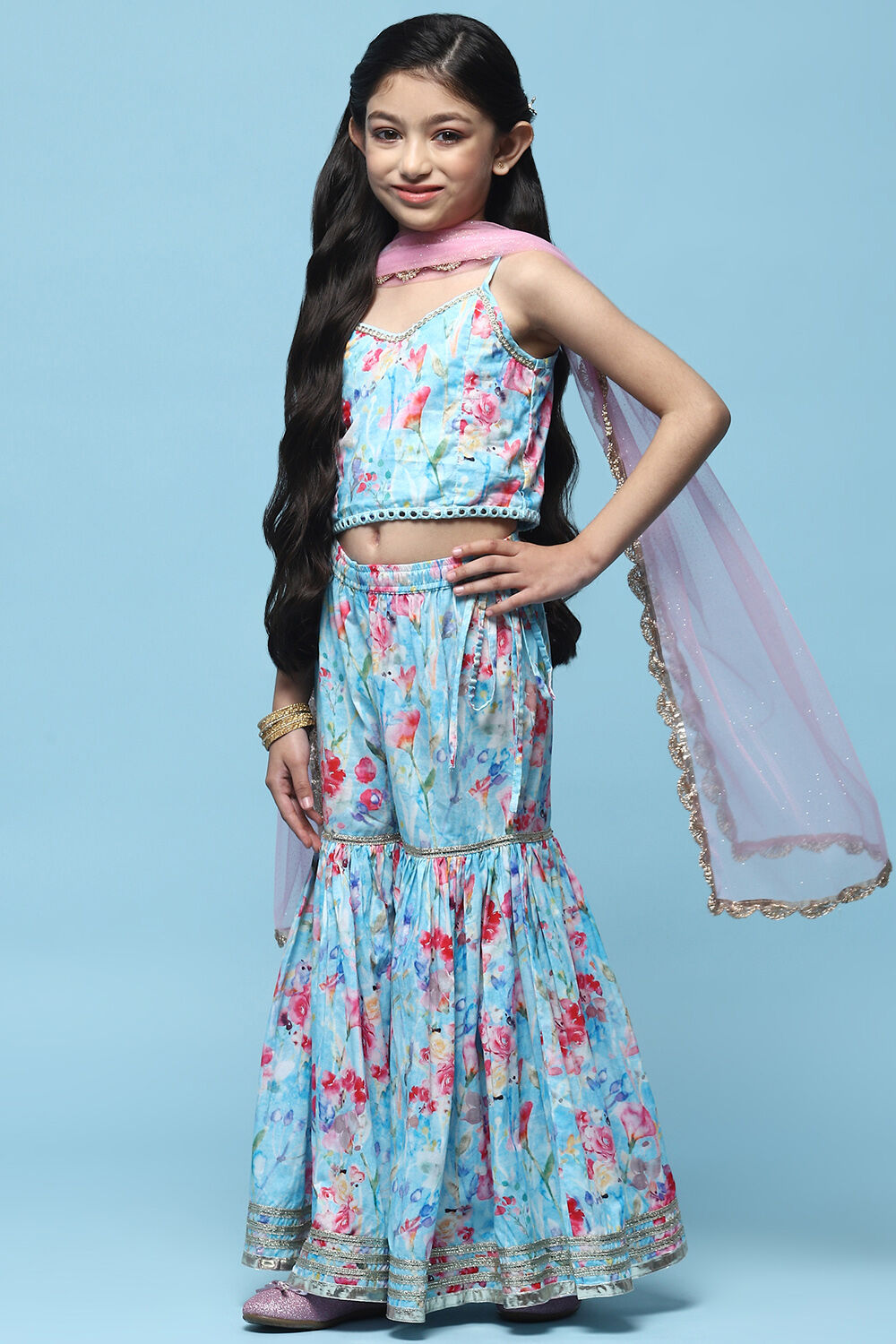 Blue Cotton Printed Blouse And Sharara t With Net Dupatta image number 4