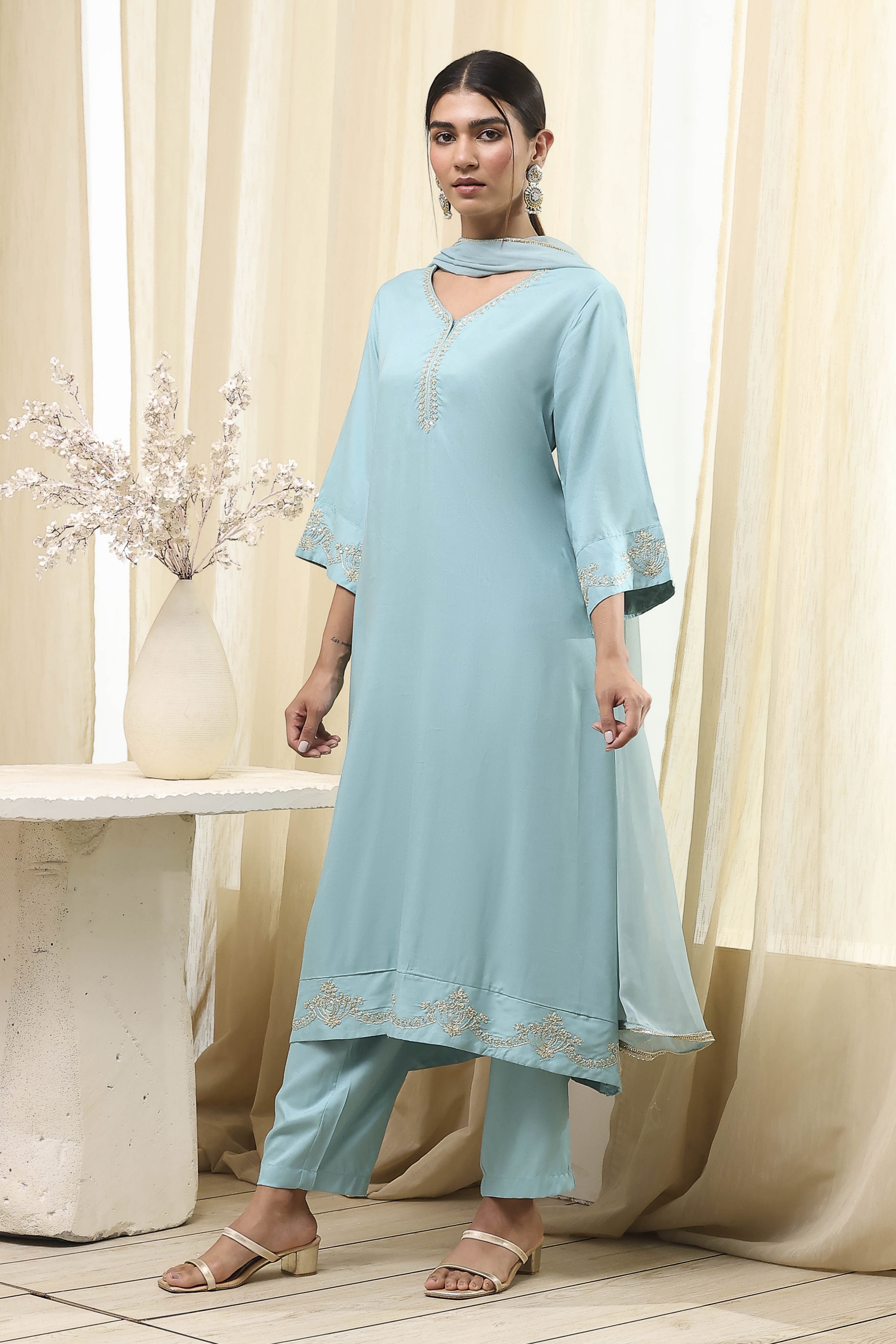 Dull Blue Solid A-Line Suit Set image number 3