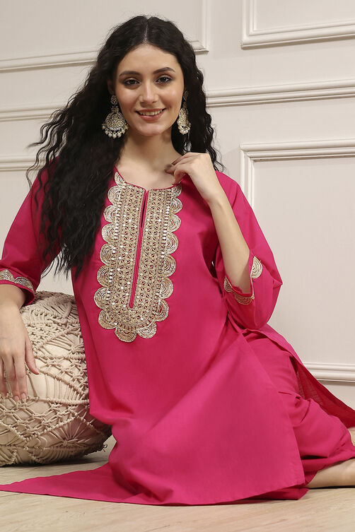 Fuchsia Cotton Straight Solid Kurta image number 0