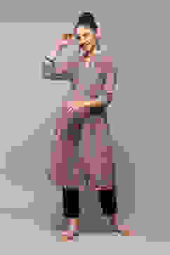 Peach & Blue Polyester Straight Printed Kurta image number 0