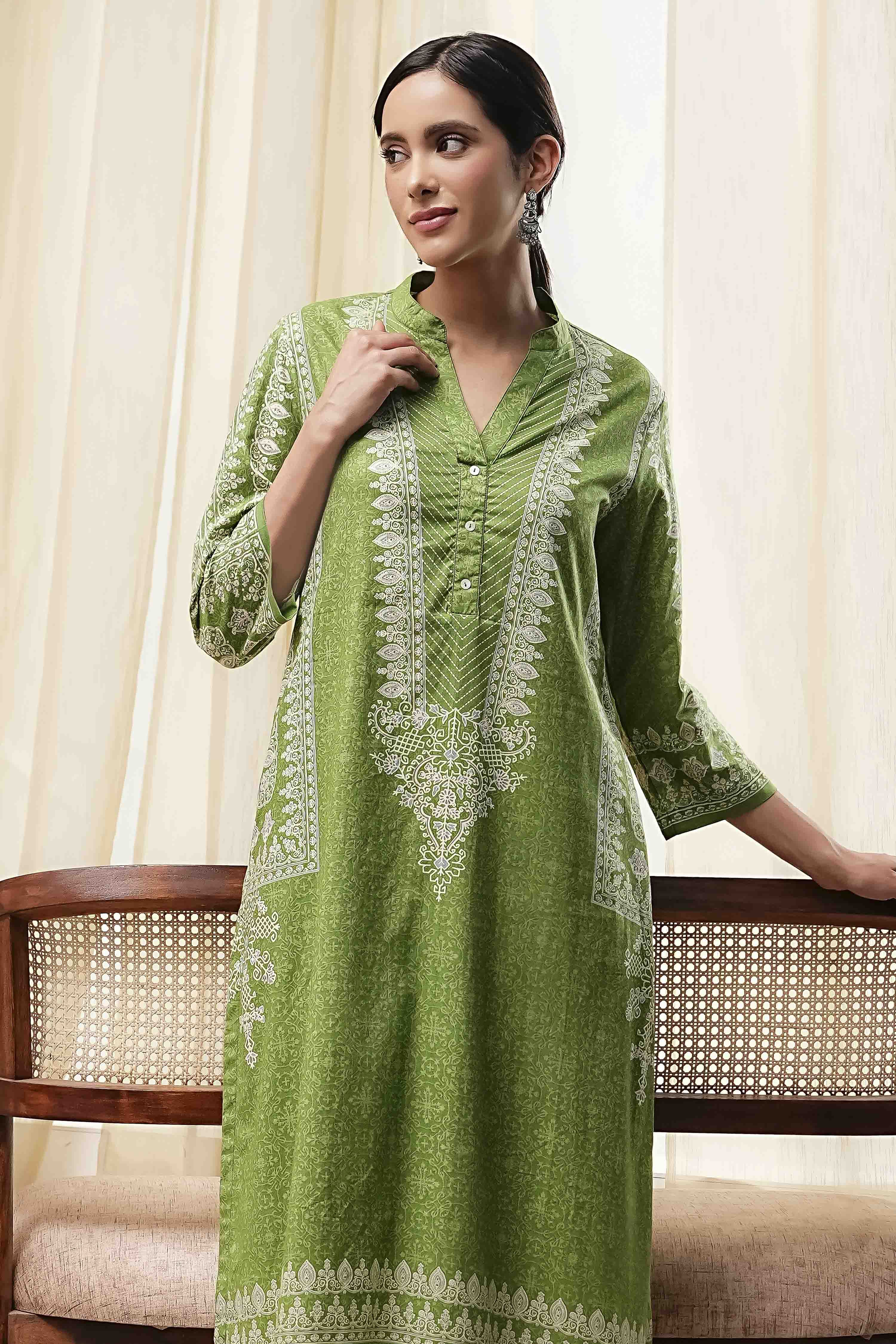 Green Cotton Printed Straight Kurta image number 6