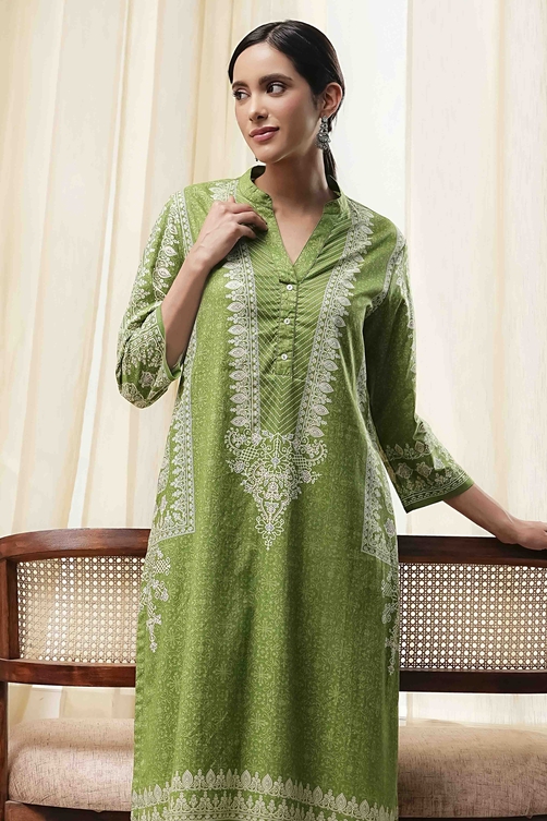 Green Cotton Printed Straight Kurta image number 6