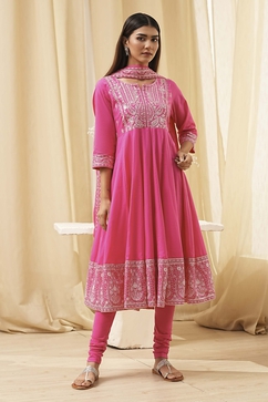 Pink Cotton Embroidered Anarkali Suit Set image number 6