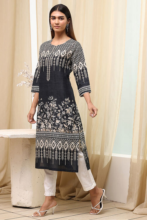 Black Cotton Printed Straight Kurta image number 2