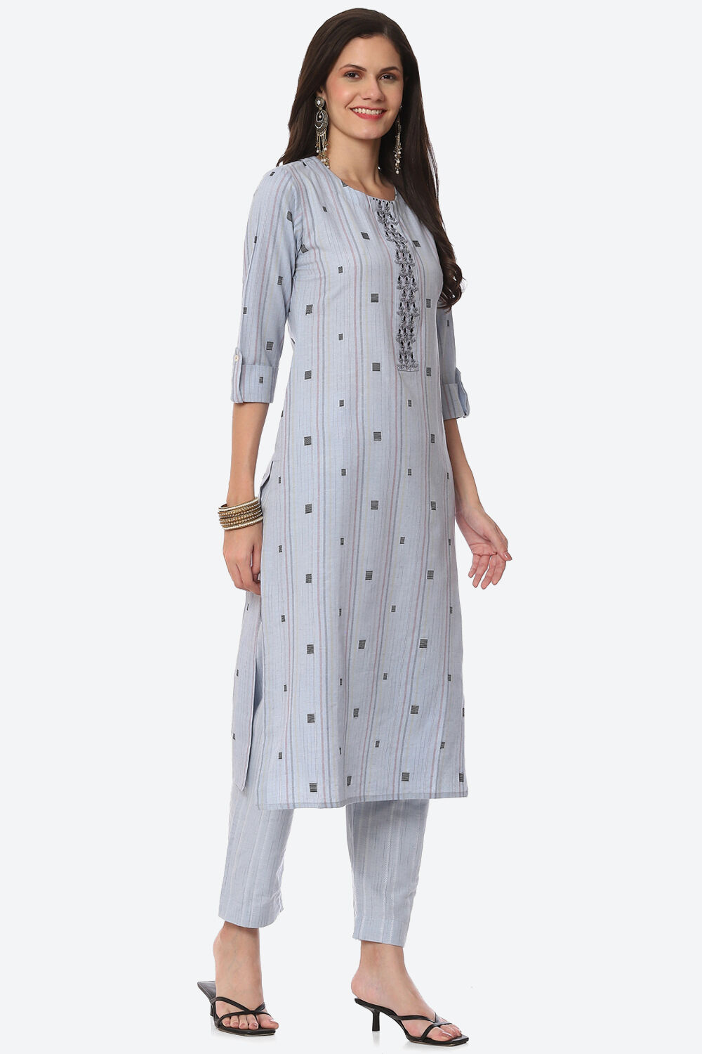 Light Blue Cotton Unstitched Suit Set image number 5