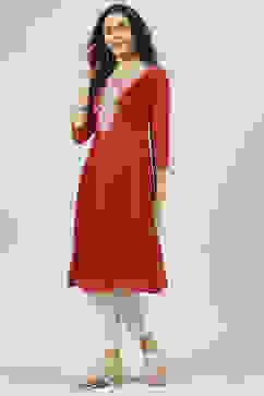 Red Poly Cotton A-Line Kurta image number 2
