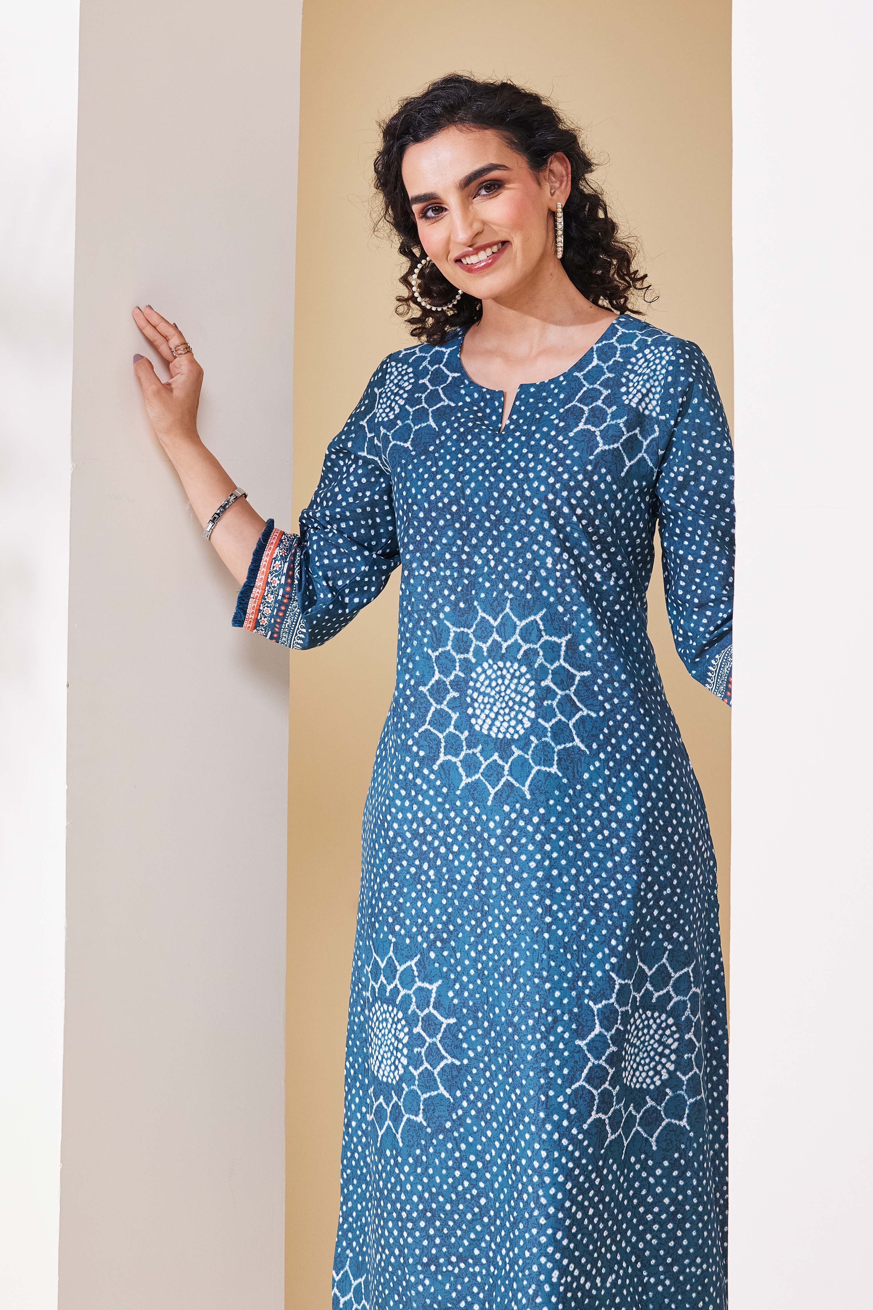 Teal Cotton Straight Kurta image number 6