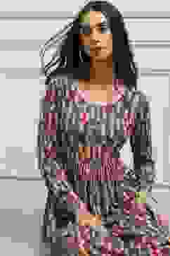 Beige & Brown Cotton Blend Flared Printed Dress image number 6