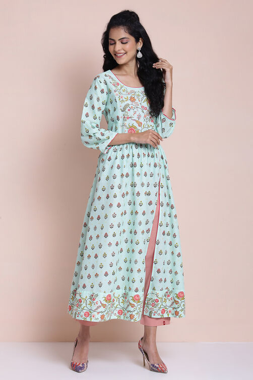Pink Cotton High Slit Printed Kurta image number 4