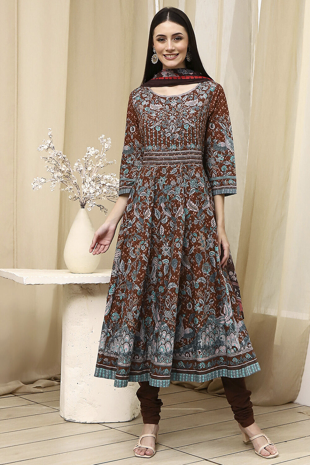 Brown Cotton Fitted Anarkali Suit Set image number 6