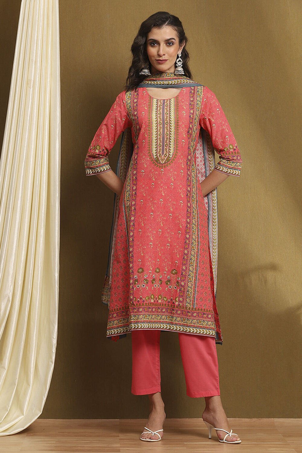 biba Pink Cotton Floral Printed Straight Suit SetPink Cotton Floral Printed Straight Suit Set-picture-125