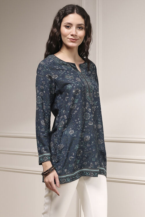 Indigo Polyester Straight Printed Short Kurta image number 4