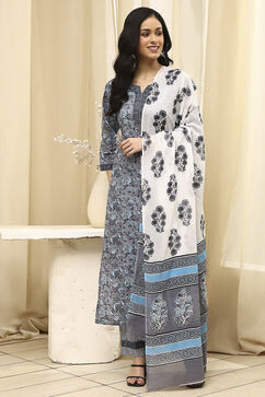 Grey Cotton Screen Print Unstitched Suit Set image number 7