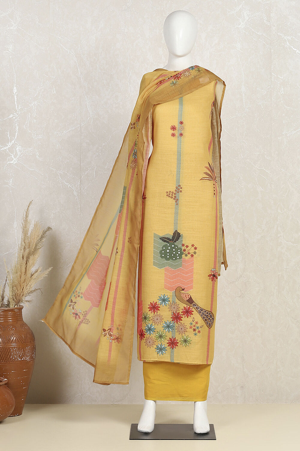 Yellow Chanderi Printed Unstitched Suit Set image number 4