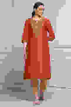 Burnt Orange Viscose Blend Solid Straight Kurta image number 0