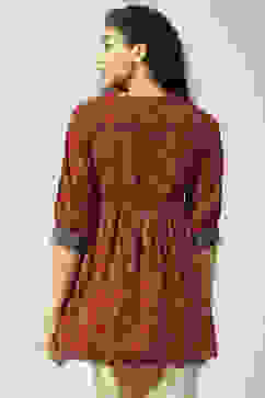 Rust Cotton Flared Printed Short Kurti image number 4