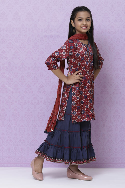 Rust Art Silk Girls Straight Kurta Sharara Suit Set image number 6