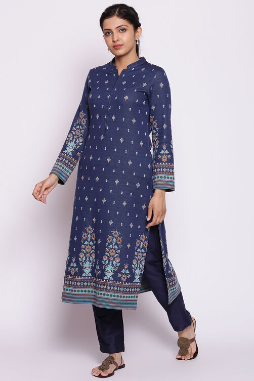 Dark Blue Winter Yarndyed Kurta image number 0
