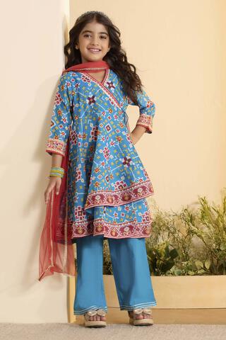 BIBA Polyester Printed Anarkali Festive Kurta and Palazzo with Dupatta in Teal
