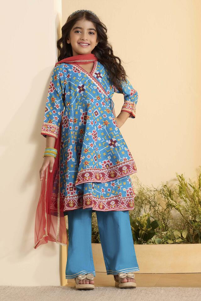 BIBA Polyester Printed Anarkali Festive Kurta and Palazzo with Dupatta in Teal
