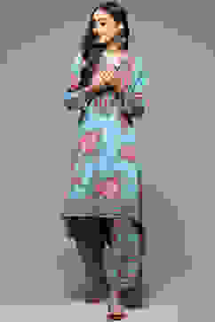 Turquoise Rayon Asymmetric Kurta Palazzo 2 Piece Set image number 6