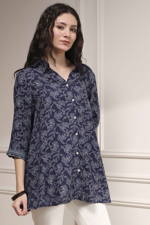 Blue Printed Relaxed Fit Shirt image number 4